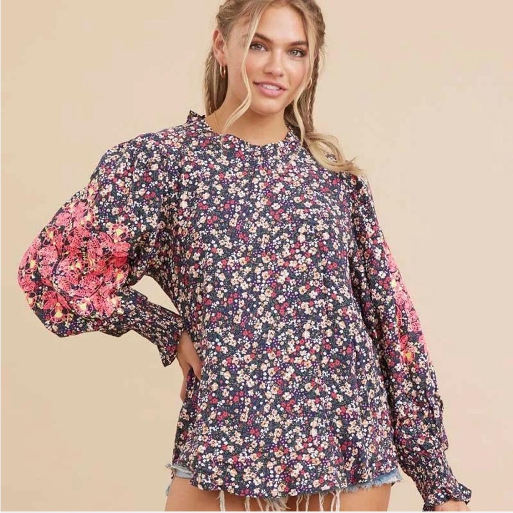 Jodifl Sz L Blouse Floral Embroidered Boho Cottagecore Praire Ruffled Mock Neck